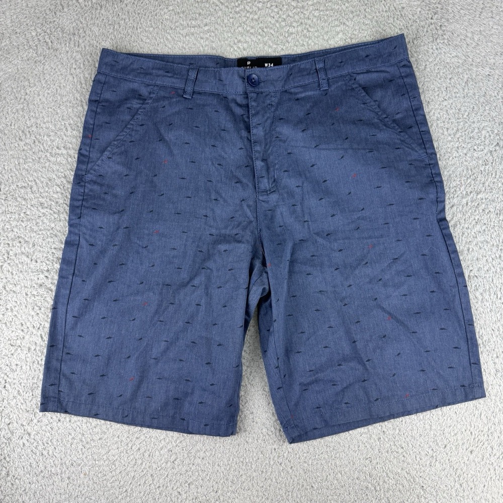Public Record Shorts Mens 34 Blue Fish Flat Front Mid Rise Slash‎ Pockets